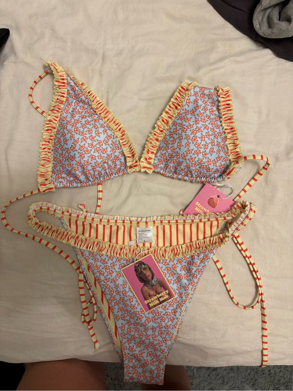 Strawberry Milk Mob Floral Ruffle Triangle Bikini - Blue & Yellow